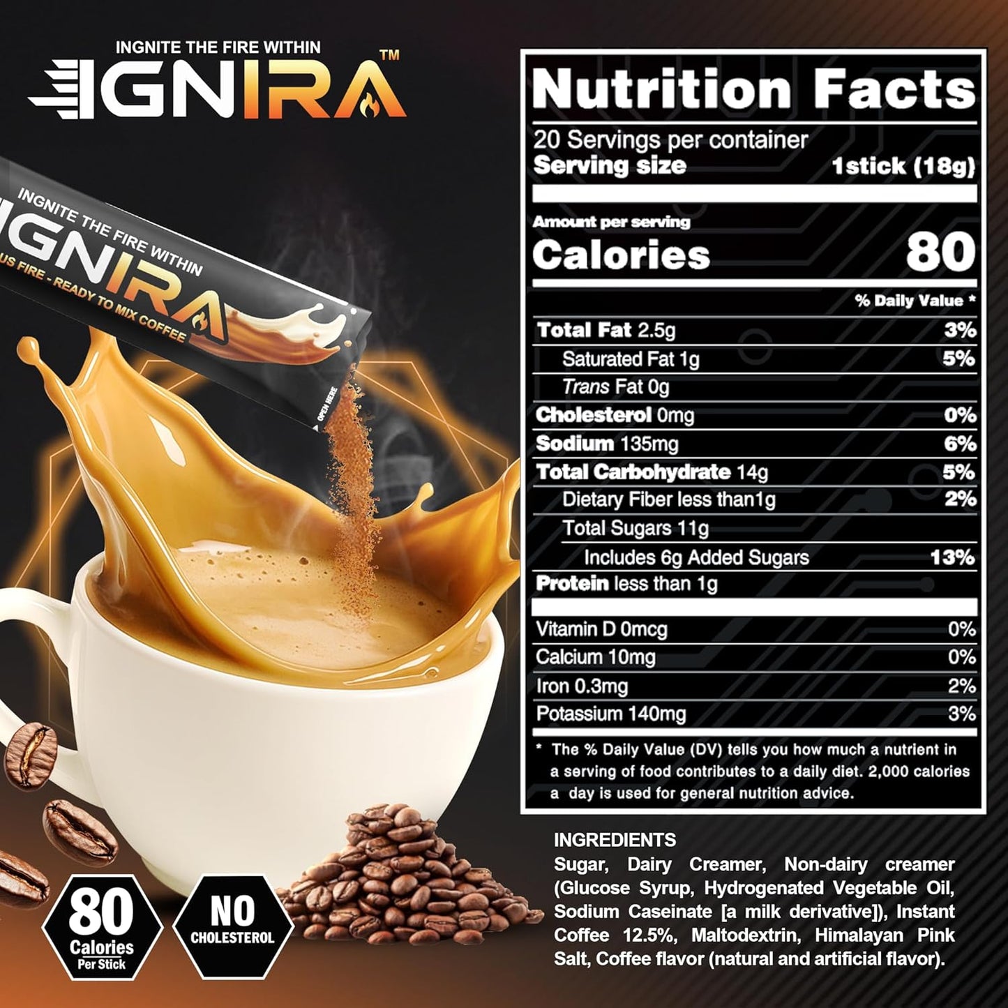IGNIRA Himalayan Salted Coffee, Hot or Iced Milk Coffees, 20 Single-Serve Sticks (12.69 oz)