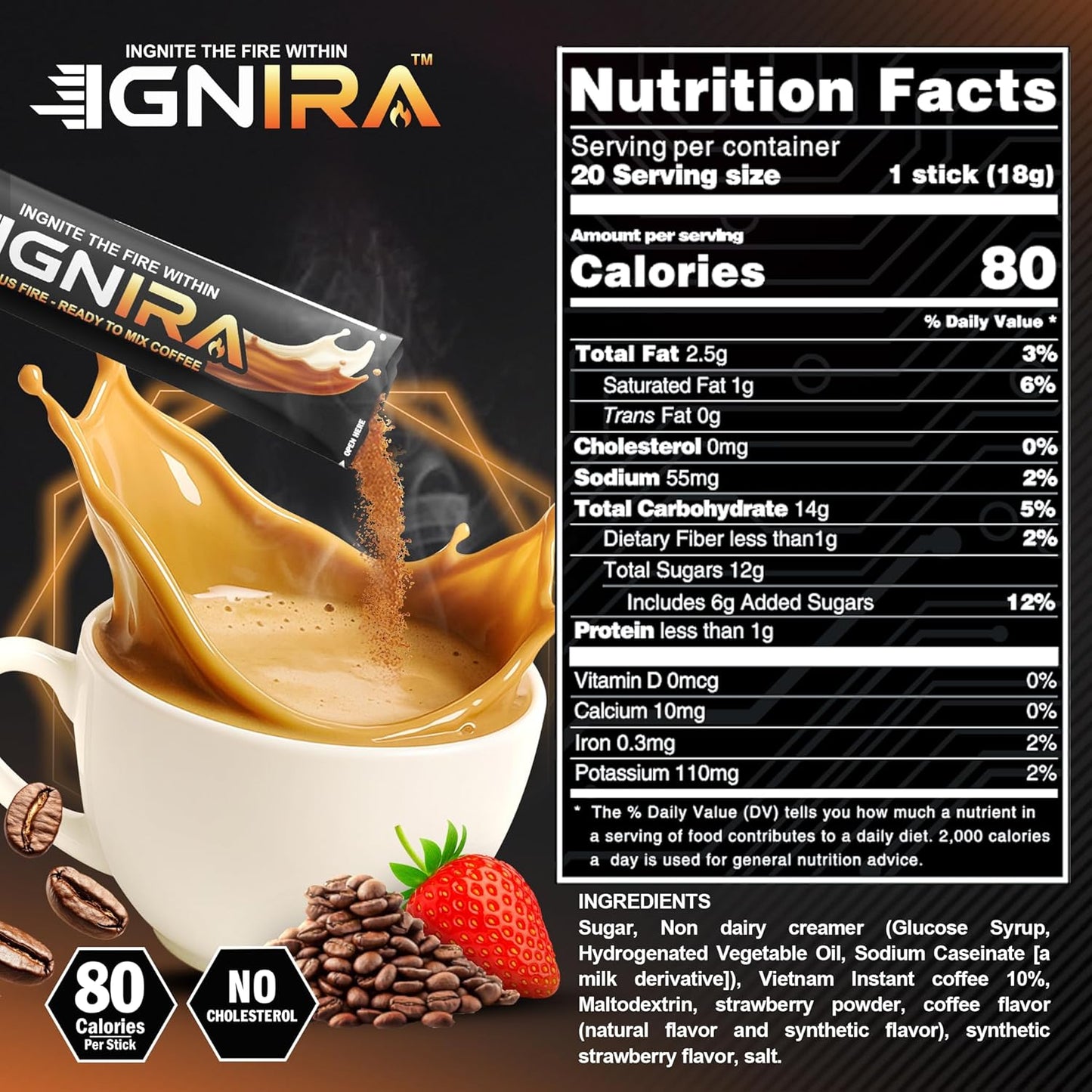 IGNIRA Strawberry Cappuccino, Hot or Iced Milk Coffees, 20 Single-Serve Sticks (12.69 oz)