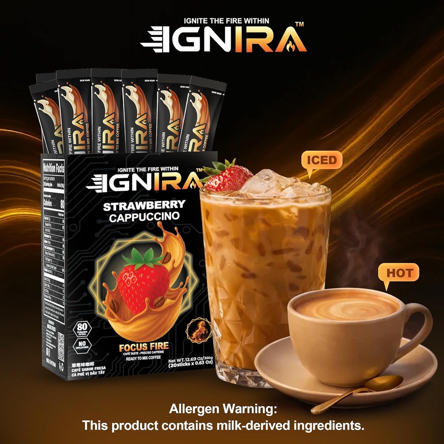 IGNIRA Strawberry Cappuccino, Hot or Iced Milk Coffees, 20 Single-Serve Sticks (12.69 oz)