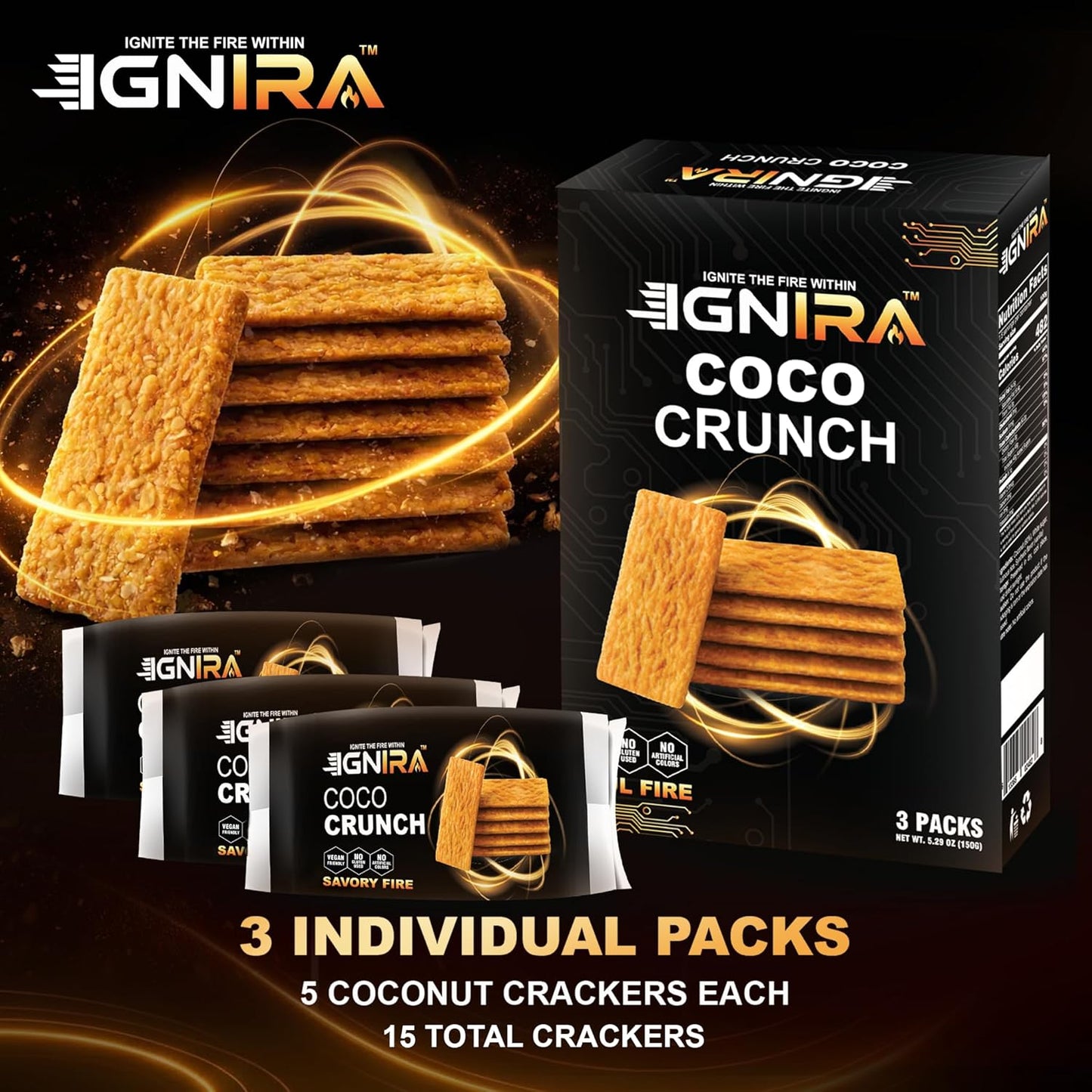 IGNIRA COCO Crunch Coconut Crackers, Pack of 3 (1.76 oz/unit)