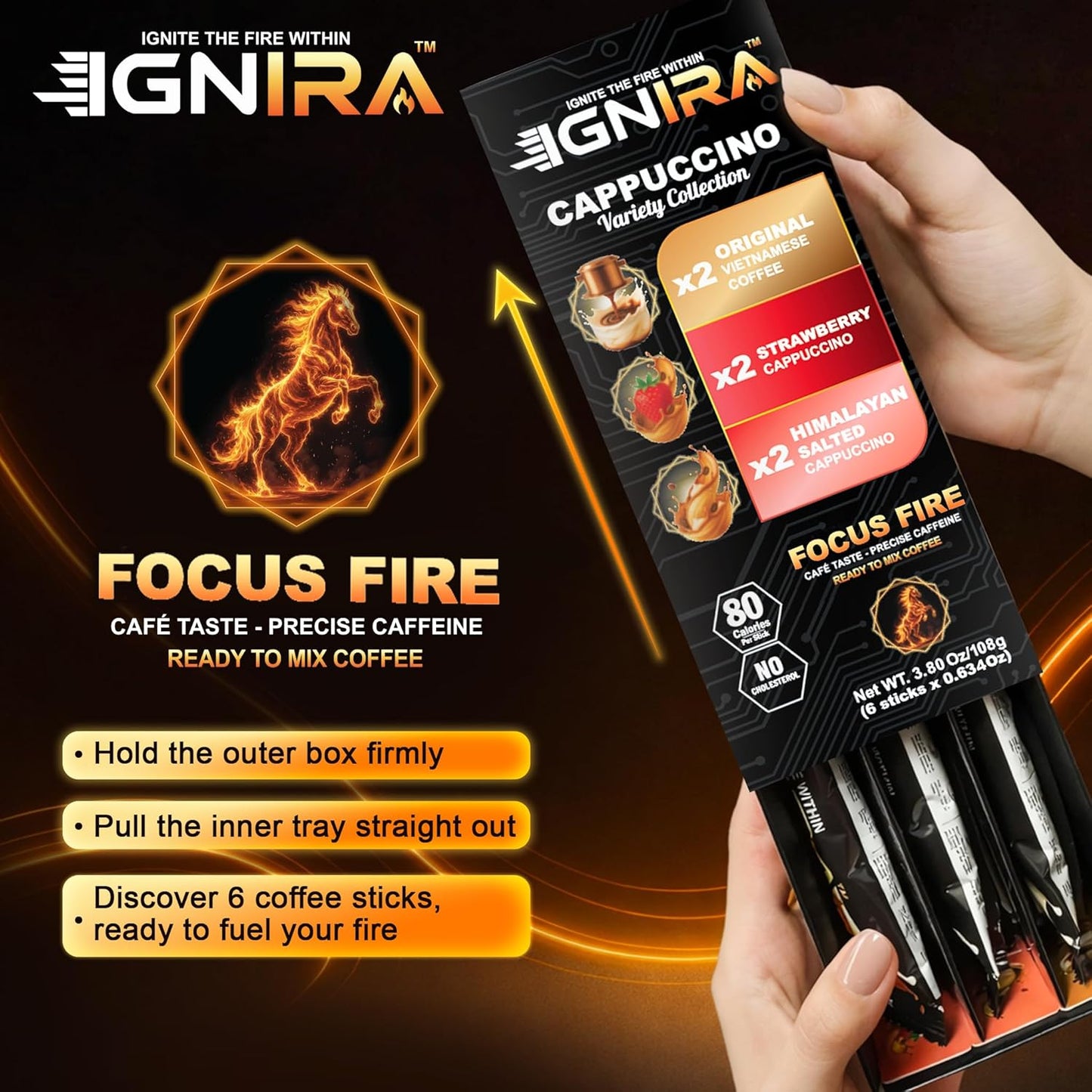 IGNIRA Cappuccino Variety Collection – Robusta Instant Coffee Mix - 6 Single-Serve Sticks (3.80 oz)