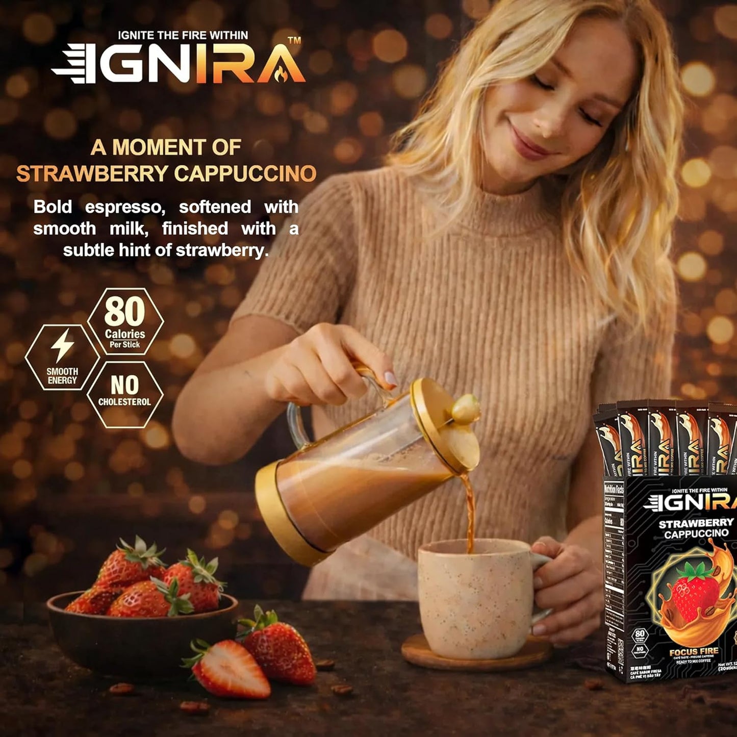IGNIRA Strawberry Cappuccino, Hot or Iced Milk Coffees, 20 Single-Serve Sticks (12.69 oz)