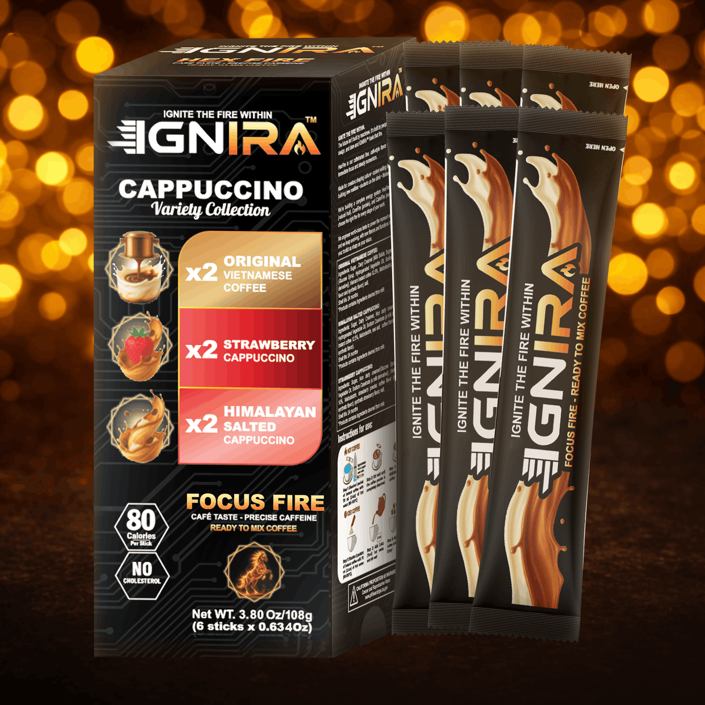 IGNIRA Cappuccino Variety Collection – Robusta Instant Coffee Mix - 6 Single-Serve Sticks (3.80 oz)
